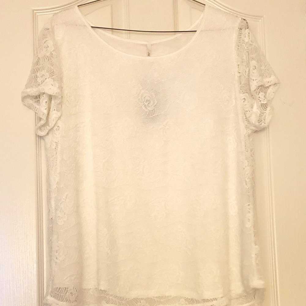 NWT Leo & Nicole Womens White Lace Scoop Neck Short Sheer Lace Sleeve Size XXL